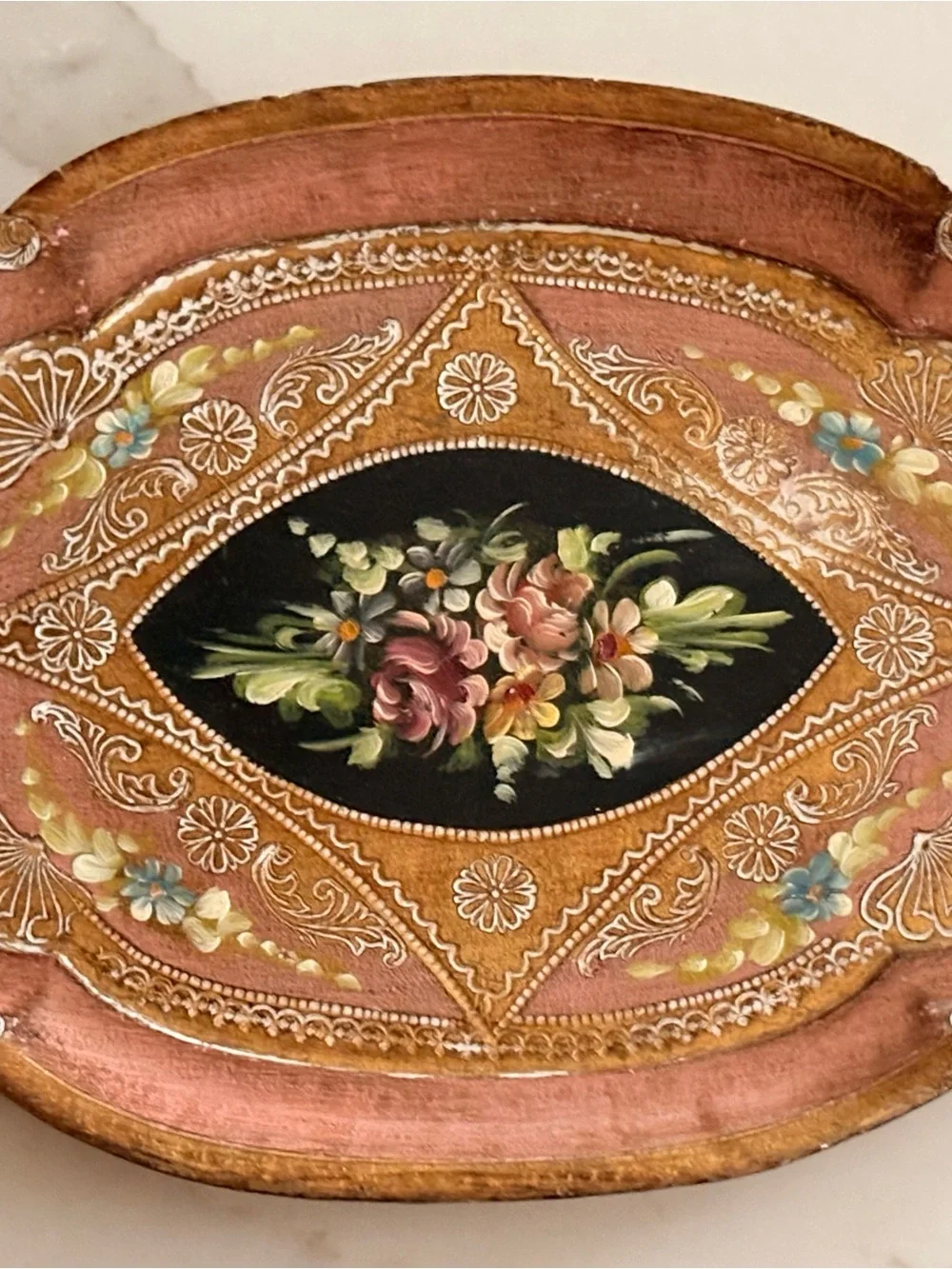 Vintage Florentine Hand Painred Decorative Floral Hand-Painted Oval Tray
